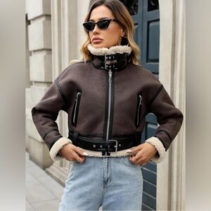 LY VAREY LIN Winter Faux Lamb Fur Leather Short Jacket Lapel Zipper Bomber Coat